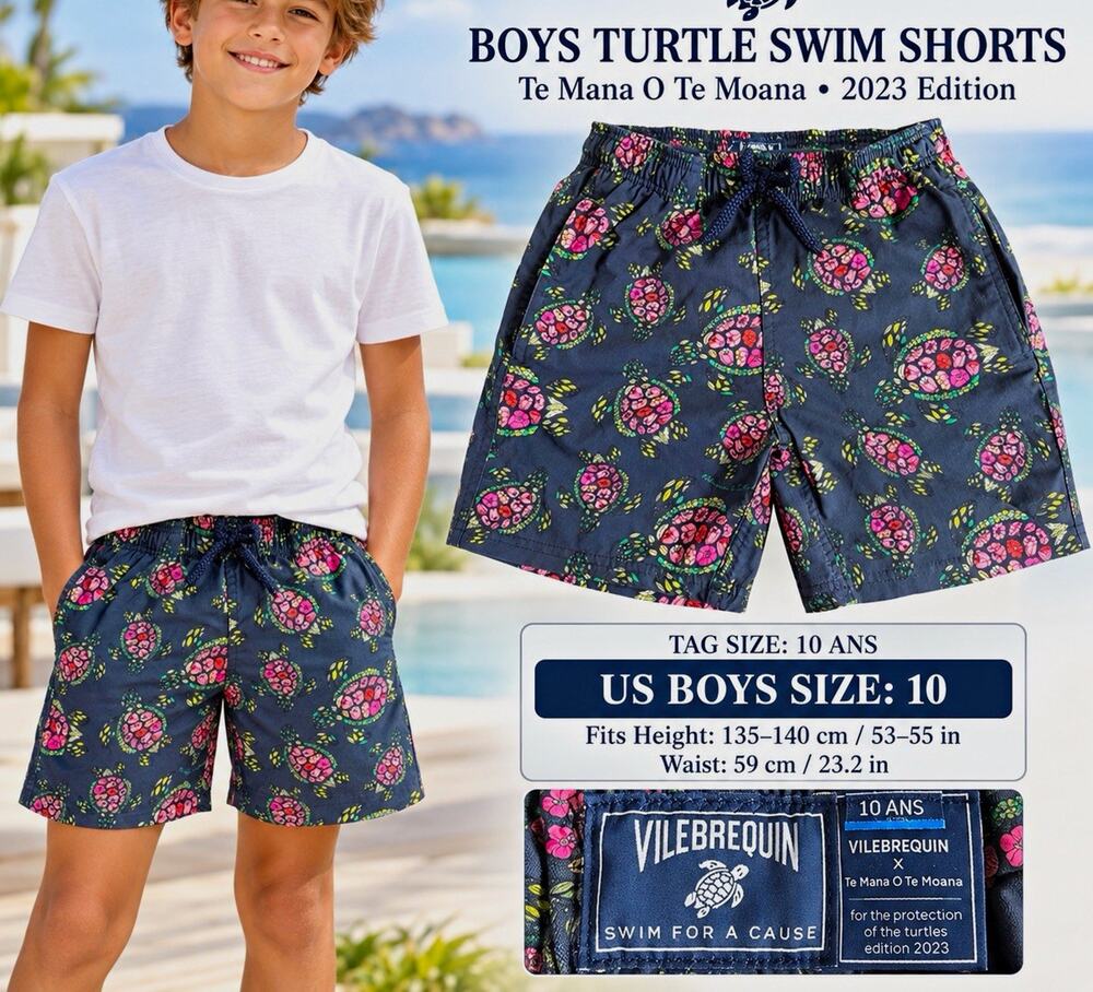 Vilebrequin Boys Turtle Swim Shorts Blue/Pink/Green Size 10 Moana